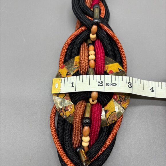 Vintage Boho Woven Cord Belt Rope Braid Wood Beads Brass Hook Batik Center 90s - Picture 5 of 7